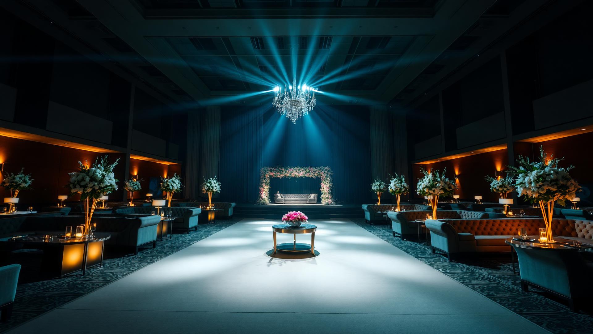 Salón de eventos premium iluminado antes de la llegada de los invitados